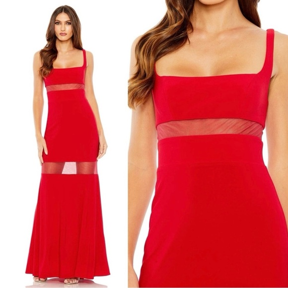 MAC DUGGAL Red Sheer Mesh Panel Detail Column Gown Women 16 Maxi Gown Sleeveless - Picture 2 of 11